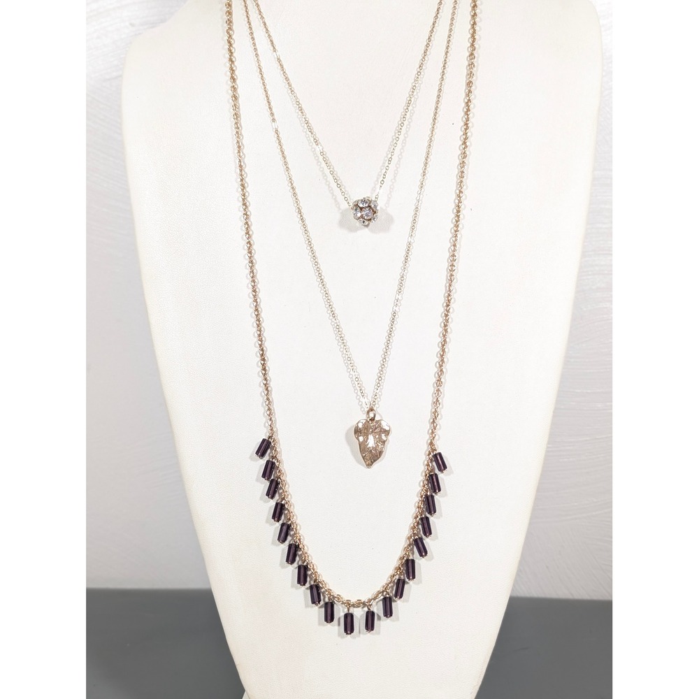 Layered Gold Necklace Purple Glass Drop Crystal Ball Multi Strand Statement 22"